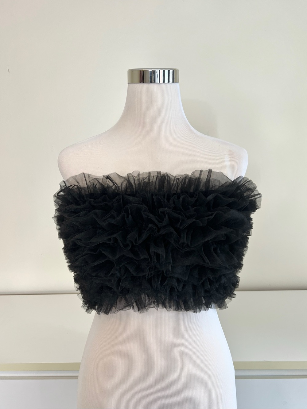 ZARA BLACK RUFFLE TULLE STRAPLESS CROP TOP – SIZE S – NWT
